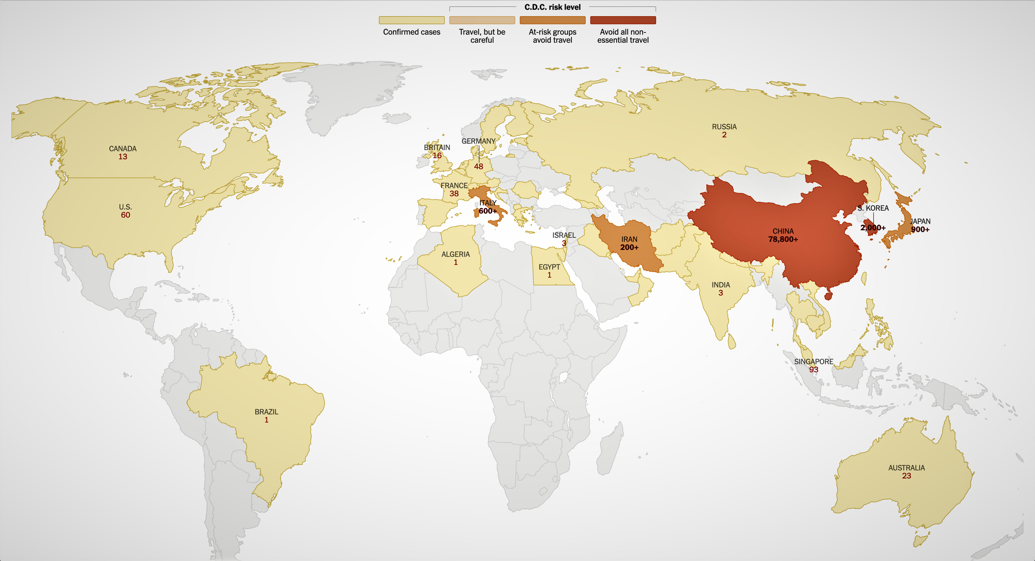 Map of coronavirus global spread New York Times February 27 2020