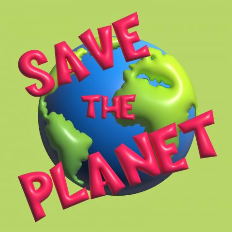 3D Save the planet, ecology eco environmental protection, climate changes, COP26, planet with 3D Text illustration isolated on green background.
