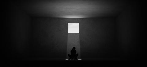 Stock Illustration ID: 2156995439  Woman Trapped Domestic Violence Relationship Nightmare concept Abuse Depression Sitting Alone in a Room with a Small Square Window Black and White Low Key Mental Health 3d illustration render